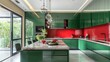 © Intach - Contemporary kitchen with green cabinetry, red backsplash, and an island topped with a marble countertop.
