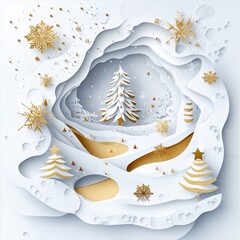 Wall Mural - winter christmas composition in paper cut style ,white and gold style