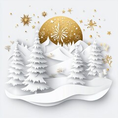 Wall Mural - winter christmas composition in paper cut style ,white and gold style