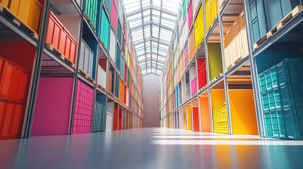 Poster - Colorful Warehouse Aisle with Bright Storage Boxes