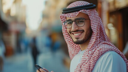 Wall Mural - Young arab man smiling confident using smartphone at street