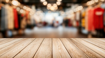 Aufkleber - Empty wooden table top with blurred clothing store background for product display montage