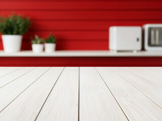 Aufkleber - Empty white wooden table surface on a red blurred background of a modern kitchen