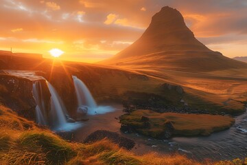 Wall Mural - Majestic Sunset Over Kirkjufell Mountain and Waterfalls in Iceland