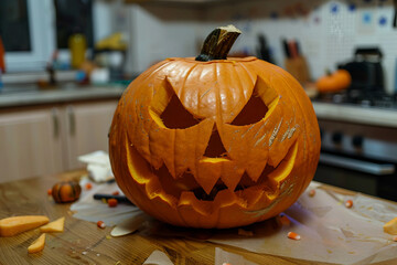 Fun time at home atmosphere, halloween decoration craft pumpkin carving, Generative AI