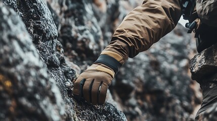 A person wearing tactical gloves while hiking, gripping a rocky surface for support