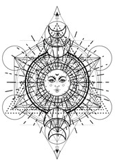 Metatron Cube. Moon pagan Wicca moon goddess symbol. Three-faced Goddess, Maiden, Mother, Crone isolated vector illustration. Tattoo, astrology, alchemy, boho and magic symbol. Coloring book.