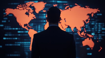 A silhouette of a business professional in front of a digital world map, representing globalization and technology in modern business.