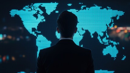 A businessman stands facing a digital world map, reflecting global connection and technology in a modern setting.