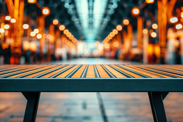 Poster - Empty table surface with blurred bokeh lights in background, ideal for product placement