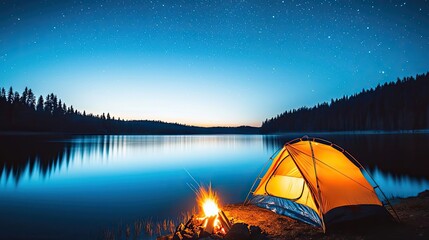 Wall Mural - camping by serene lake under starry sky with glowing tent and warm campfire.