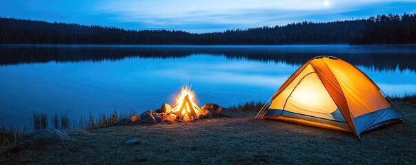 camping scene at a lake with a glowing tent and a campfire at dusk.