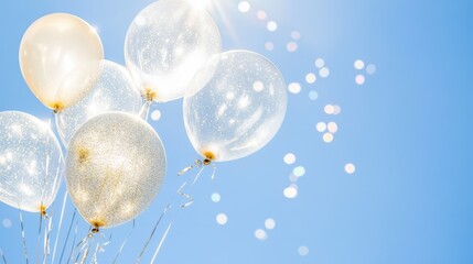 Wall Mural - Sparkling pastel balloons floating against a dreamy blue sky. Concept: celebration and joy.