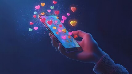 Wall Mural - A hand holding a smartphone with various social media reaction icons like likes and hearts emerging from the screen