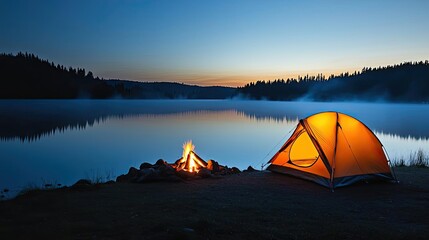 Wall Mural - camping scene by a lake with a glowing tent and a campfire at dusk.