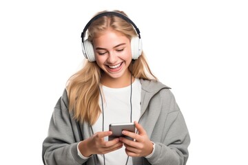 Wall Mural - Teenage girl streaming online music on mobile phone headphones headset adult.