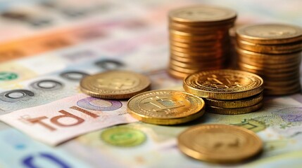 Wall Mural - Stacked Coins and Currency in Close-Up View