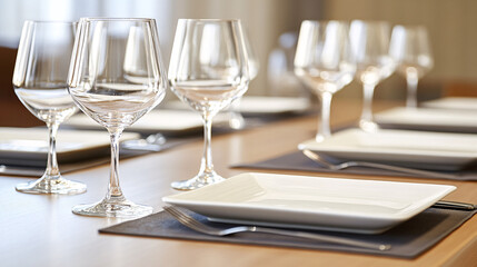 Elegant dining setup with a rectangular wooden table and clean-lined white plates