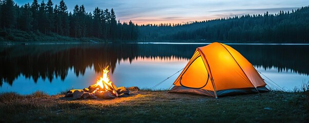 Wall Mural - camping scene by the lake with an orange tent and a glowing campfire at dusk.