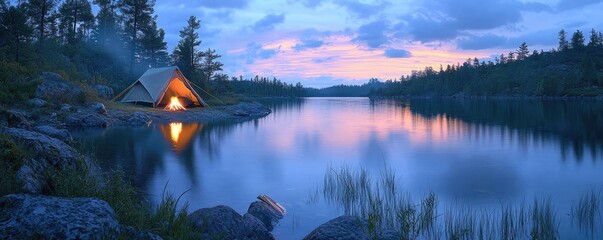 Wall Mural - camping tent by serene lake during twilight, peaceful nature landscape.