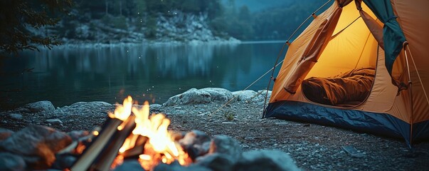 Wall Mural - tent by a serene lake at night, glowing campfire nearby, tranquil outdoor camping scene.