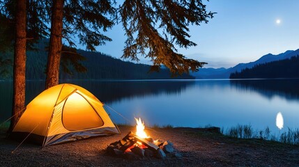 Wall Mural - camping site by lake, cozy tent glowing, serene sunset, peaceful nature scene.