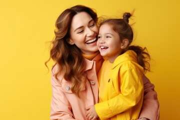 Sticker - Cheerful lovely daugther and mother hugging laughing family child.