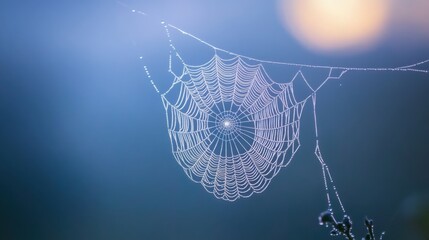 single spiderweb suspended in the air, illuminated by soft moonlight
