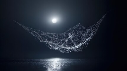  single spiderweb suspended in the air, illuminated by soft moonlight.