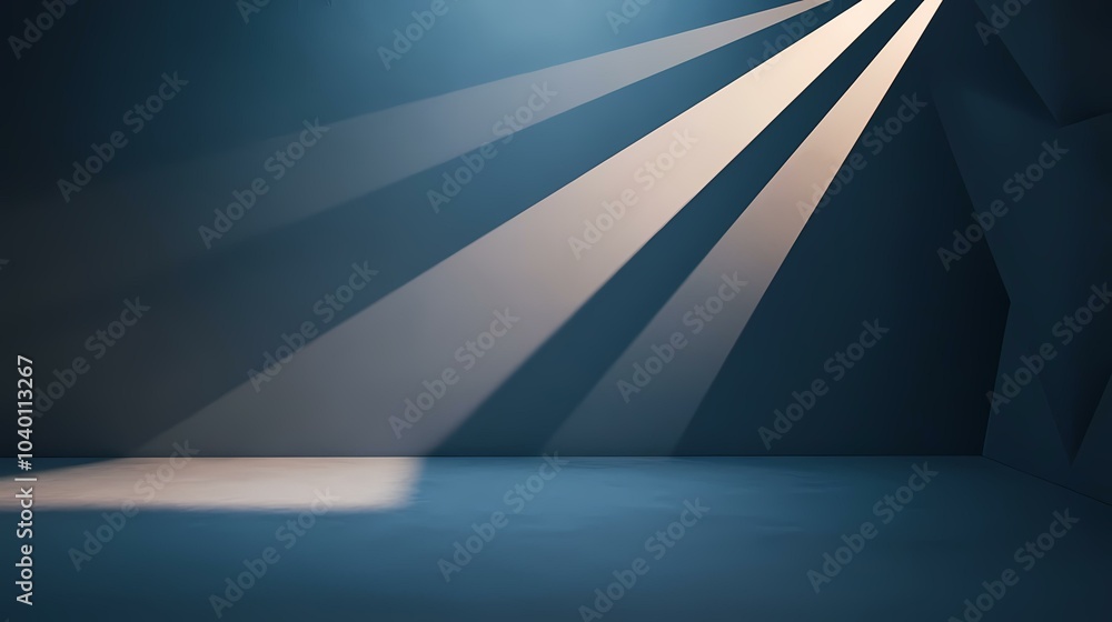 The image is a dark blue room with three beams of light shining down ...
