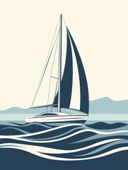 Leinwandbilder - A sailboat moves smoothly across tranquil waters, surrounded by gentle waves and a soft, calming backdrop of distant land. Generative AI