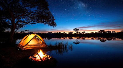 Wall Mural - camping tent by serene lake under starlit sky, peaceful evening scene.