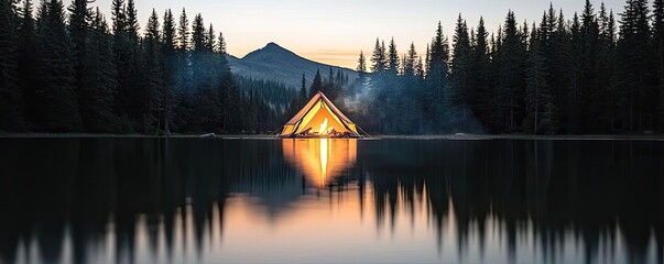 Wall Mural - scenic cabin reflection on lake at dusk surrounded by pine trees.