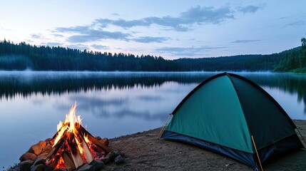 Wall Mural - camping tent by the lake with a campfire under a twilight sky.