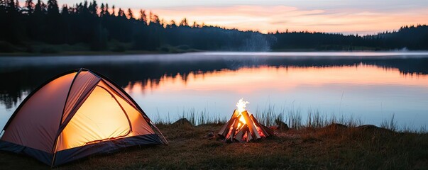 Wall Mural - serene camping scene by a lake with a glowing tent and campfire at sunset.