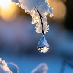 Wall Mural - a crystalline teardrop hangs from a snow laden branch catching the sunlight a delicate balance betwe
