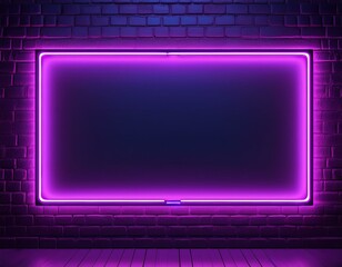 Wall Mural - a glowing neon frame with purple light on dark brick wall background 3d rendering asymmetrical composition ultra realistic