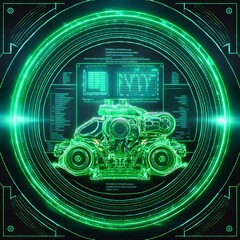 Wall Mural - a neon green holographic display showing real time diagnostics of a futuristic car engine