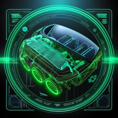 Wall Mural - a neon green holographic display showing real time diagnostics of a futuristic car engine