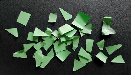 Wall Mural - a scattering of green paper fragments on a dark surface a visual representation of discarded thoughts or unfinished ideas