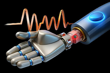 Glossy Robotic Hand Touching Digital Heartbeat Line | Symbolizing Robotics & Patient Health Monitoring | Futuristic Design with Ample Copy Space for Stock Photo Concept