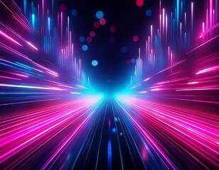 Wall Mural - abstract background with pink blue glowing neon lines and bokeh lights