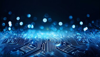 Wall Mural - abstract blue circuit board background with glowing dots and bokeh lights on dark black background