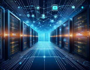 Wall Mural - abstract digital banner of security network connection with data center and web server in background abstract concept for smart technology or internet security