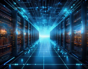 Wall Mural - abstract digital banner of security network connection with data center and web server in background