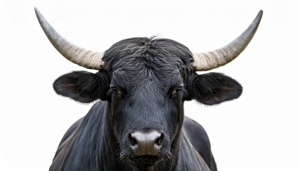 black camargue bull face portrait on white background