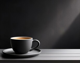 black background with coffee cup on table minimalistic style dark grey wall for product presentation mock up copy space banner mockup template black color