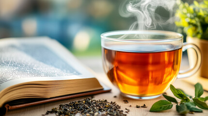 Enjoy a peaceful moment with a steaming cup of herbal tea beside an open book and fresh herbs on a sunlit table