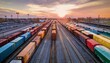 © AustinSANC - colorful cargo trains lined up in an urban rail yard at sunset showcasing industrial transportation and logistics