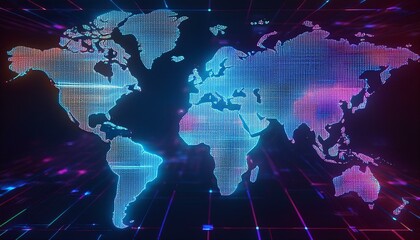 Wall Mural - cyberpunk themed world map with neon lines glitch effects and a digital grid pattern background